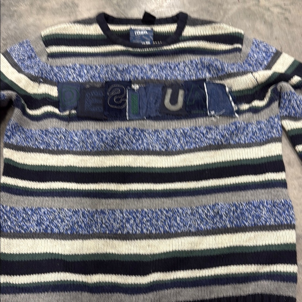 Desigual Blue and Green Crewneck Sweater with Striped Pattern